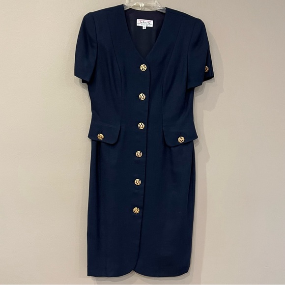 Talbots Dresses & Skirts - Talbots Secretary Dress Navy Gold Buttons Short Sleeve Peplum Made in USA